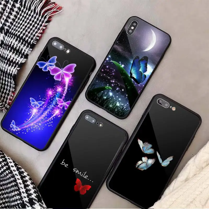 

Simple Cute Butterfly Patterned Phone Case Tempered glass For iphone 11 12 13 PRO MAX mini 6 7 8 plus X XS XR