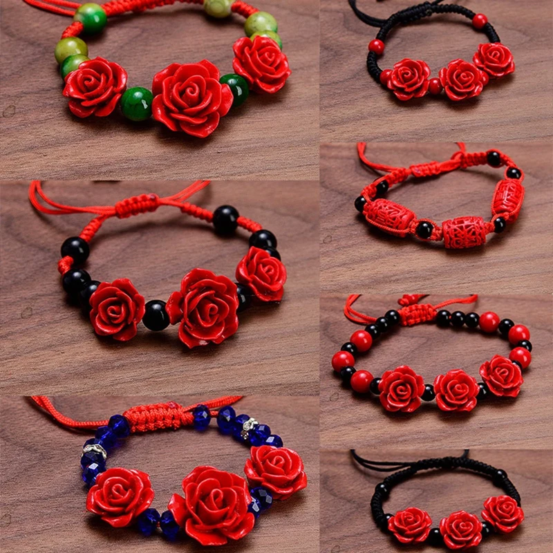 

Fashion Women Rose Bracelet Ethnic Handicraft Lacquer Carved Cinnabar Rose Flower Bracelet For Women Red Rope Beaded Bracelet