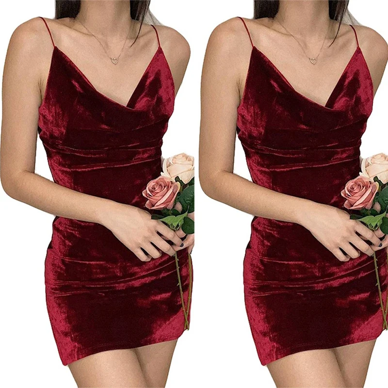 

2PCS V-Neck Suede Temperament Commuter Solid Color Mid-Waist White-Collar OL Sexy European And American Dress Red,S & M