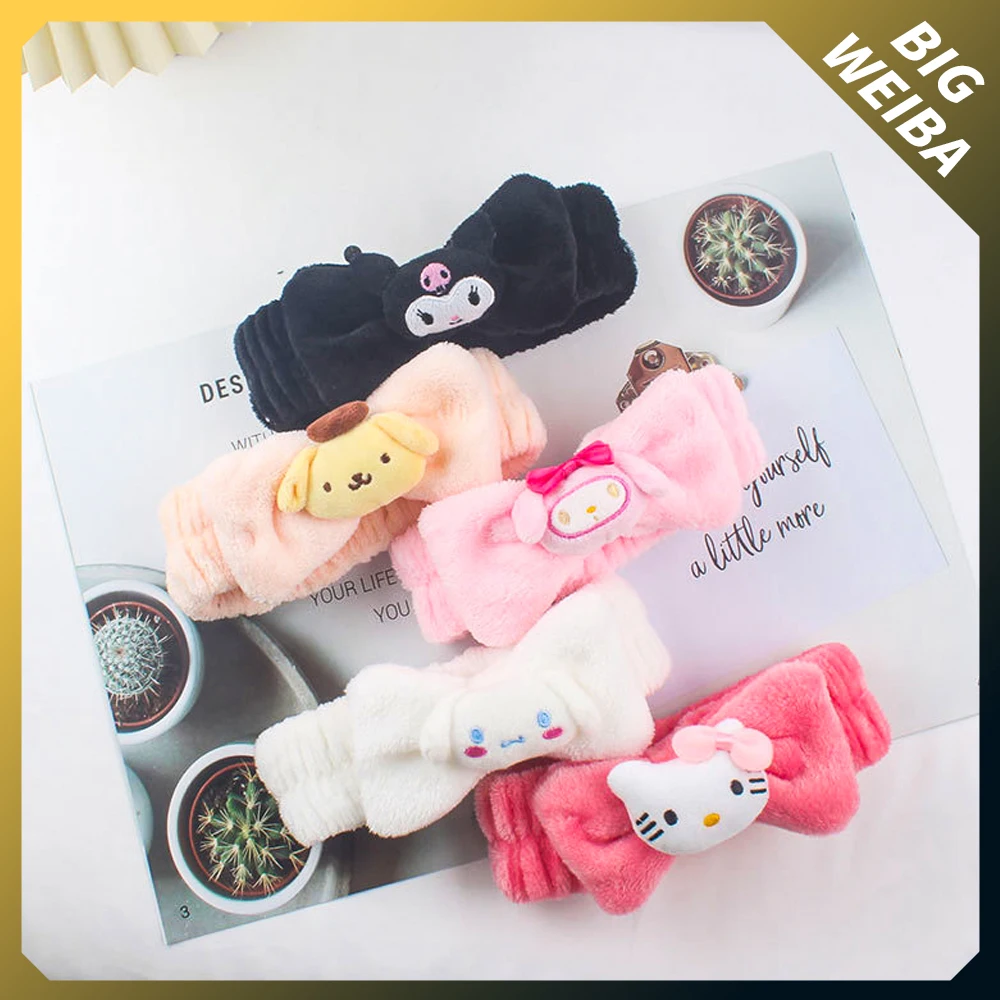 

Cute Sanrios Melody Kuromi Kittys Cinnamorol Makeup Face Wash Headband Korean Elastic Headband Cartoon Plush Bow Hair Ornament