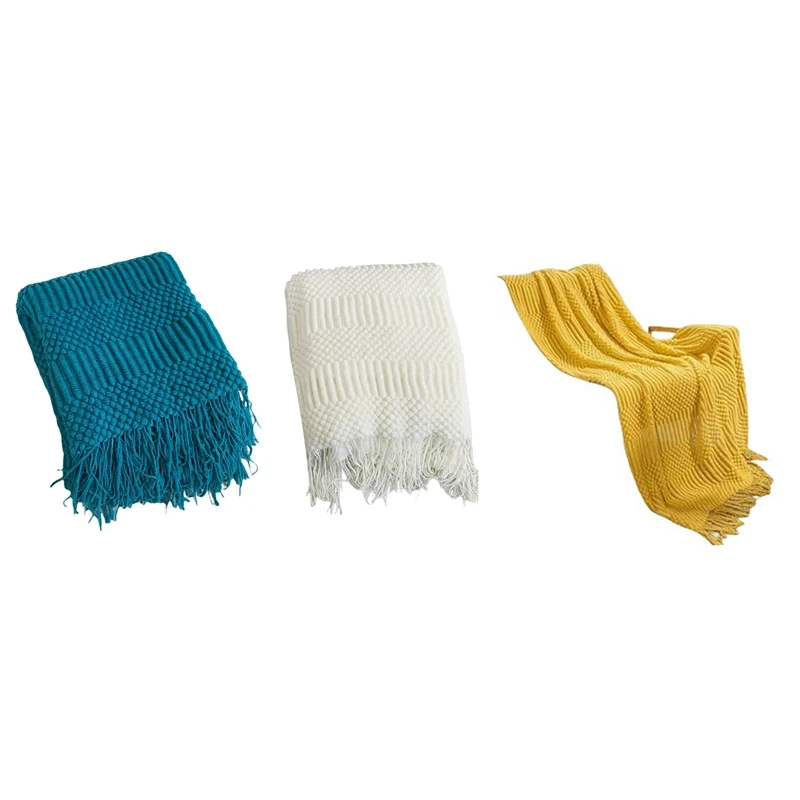 

Knitted Blanket with Fringes Tassels Plain Color Cozy Lazy Blankets Home Decorative Blanket