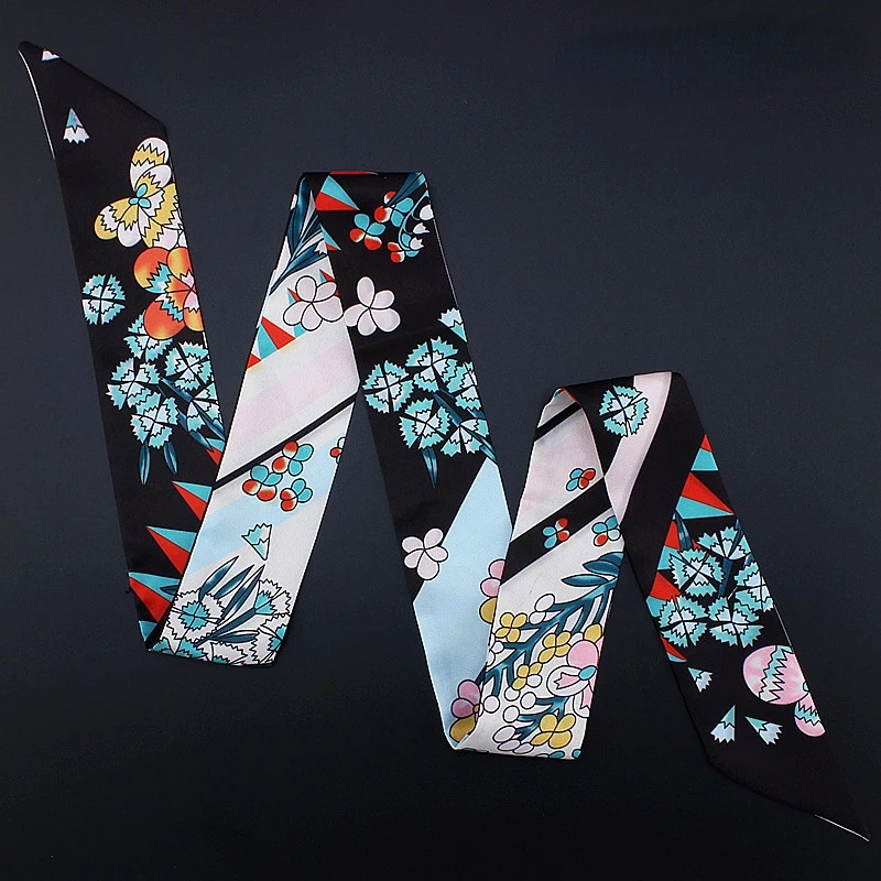 

120*5 см Новый удлиненный маленький шелковый шарф с цветочным принтом женская сумка лента женский модный женский имитационный шелковый шарф ...