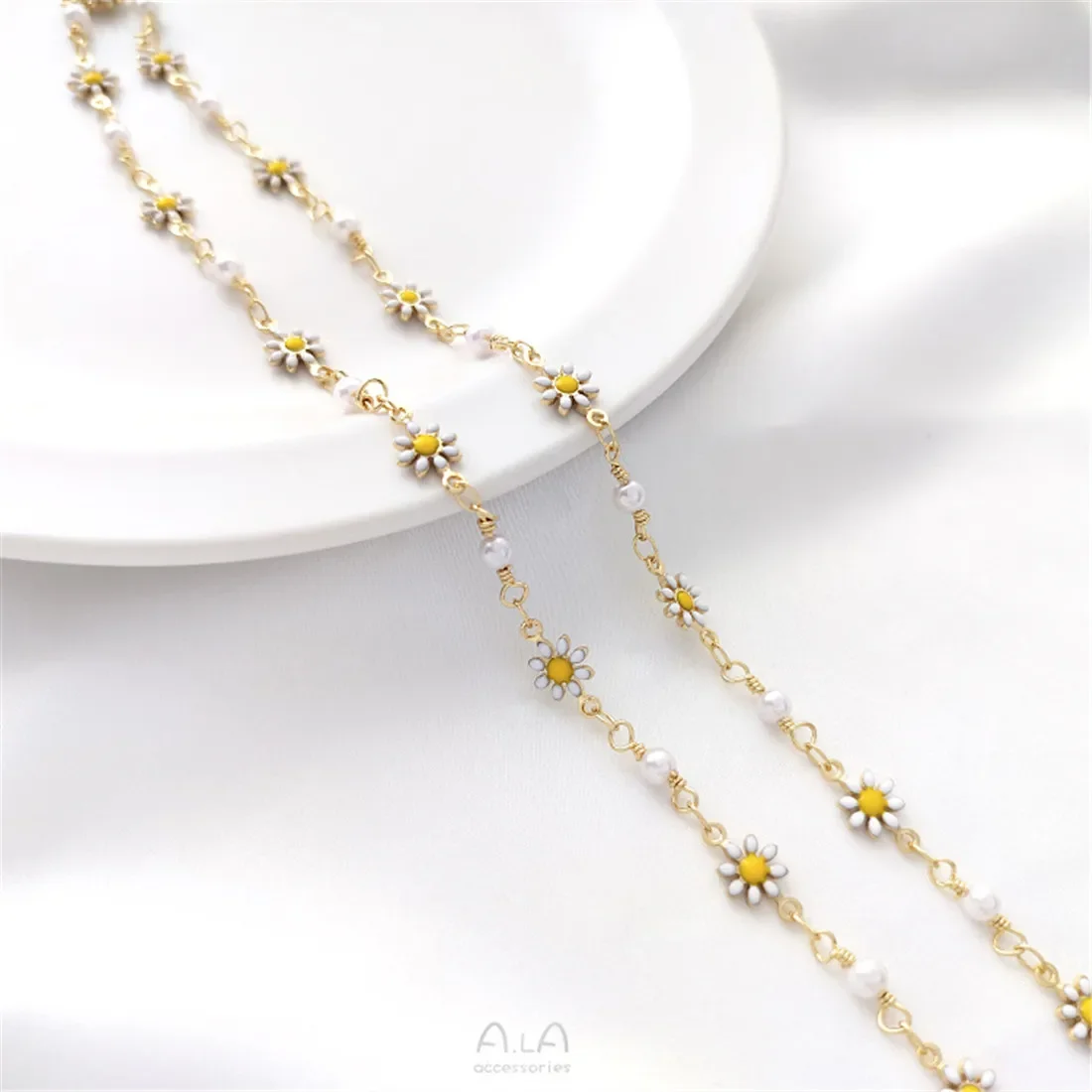 14-каратное золото маленькая цепочка с жемчугом и цветком ромашки ручная работа