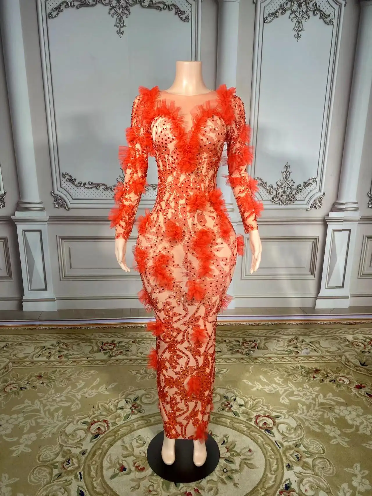 ZD Red High Neck Evening Gowns Lantern Sleeve Birthday Party Gown Beaded Flowers Formal Dress