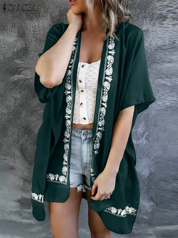

2022 Summer Cardigan Women Bohemian Floral Printed Kimonos ZANZEA Vintage Half Sleeve Loose Blouse Holiday Beach Tops Blusas