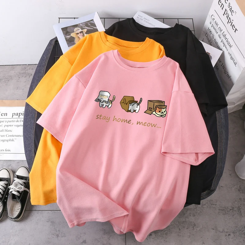 

Stay Home Meow Women's T-shirts O-Neck Fashion Oversize Tshirts Black Vintage Cosplay Tops Tees Loose Fit Camiseta Woman