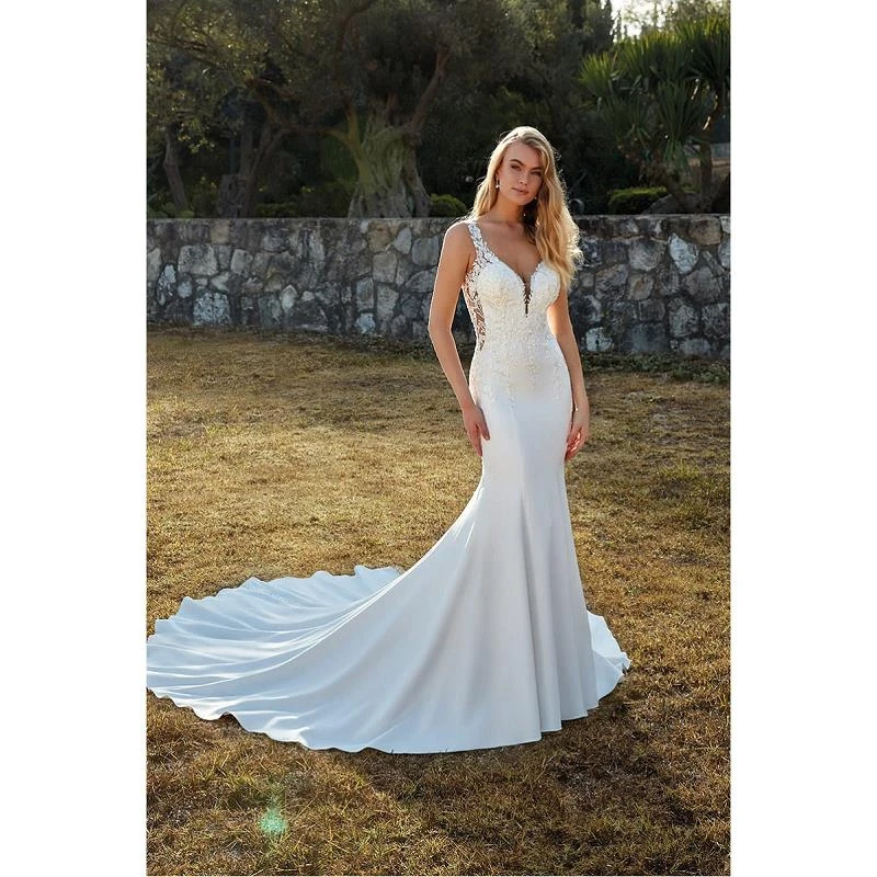 

Модные кружевные шифоновые платья с аппликацией и бисером в виде русалки/женского шлейфа для часовни, свадебные платья до пола по индивидуа...