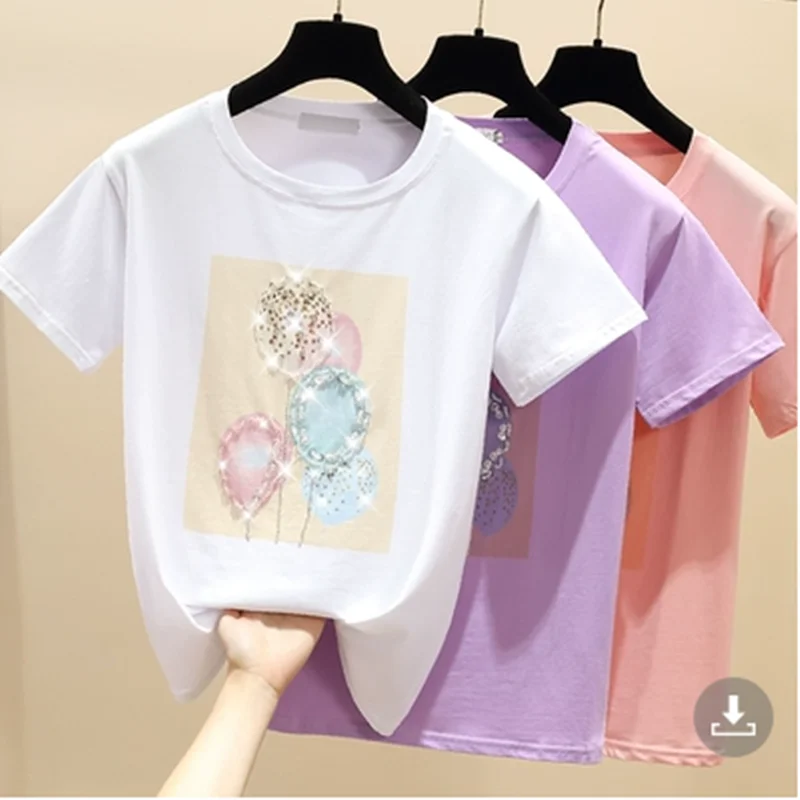 

BULOCHOVA New Summer Designer Women Pullover Cotton Printed Sequins T Shirt Tops Students Creative Beaded Loose Top Femme XXL