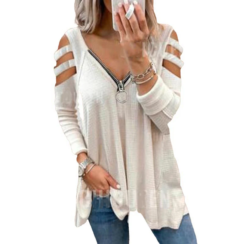 

Vintage Graphic V-Neck Zipper Casual T-shirt White Lady Tunic Tops Sexy Hollow Off Shoulder Shirts Tee Women's Oversized Clothes