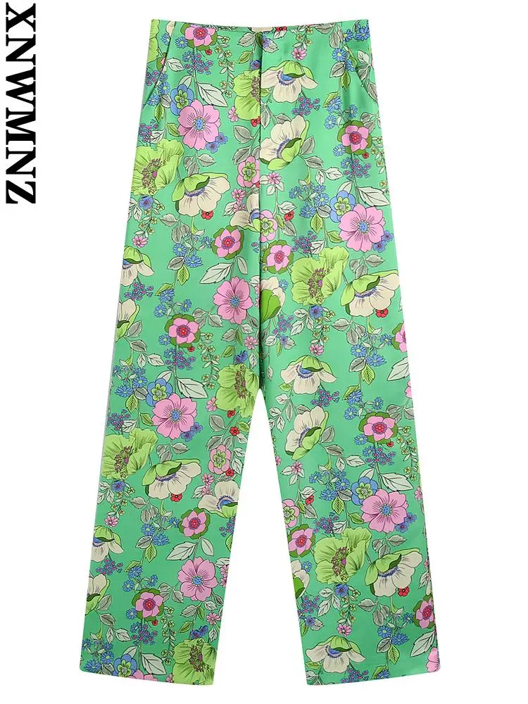 

XNWMNZ Women 2022 fashion side pockets Green floral print soft touch pants vintage high waist zipper fly female trousers mujer
