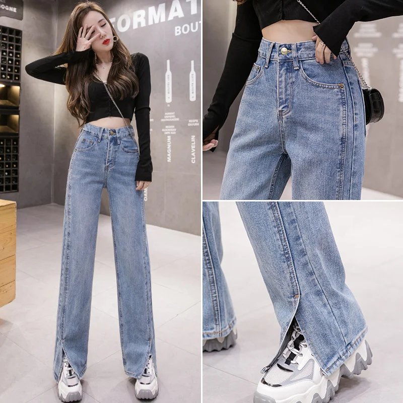 Simple All-Match Loose Fashion Harajuku Jeans New Solid Vintage High Waist Wide Leg Denim Trousers Classic Women Pants 2021 Pop