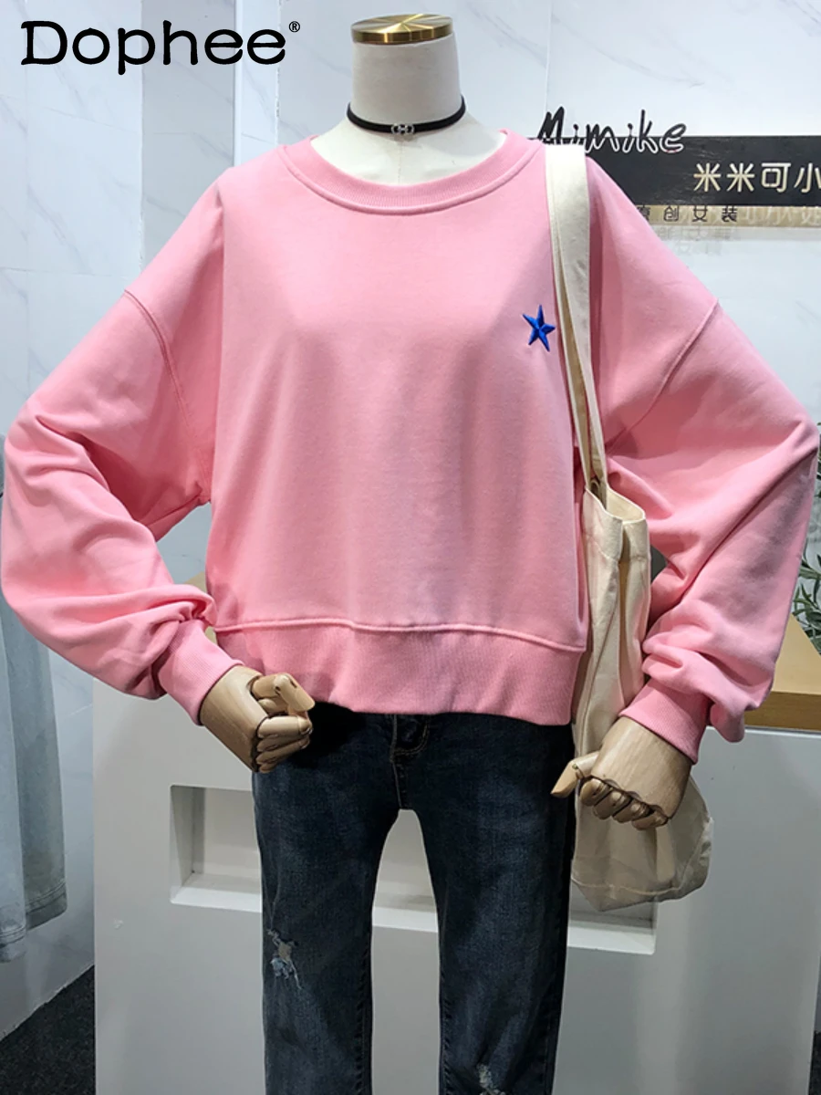 

Korean Embroidered Crew Neck Pullover Long Sleeve Sweatshirt Women Loose Short Student Hoodies Top 2022 New Fall Women Clothes