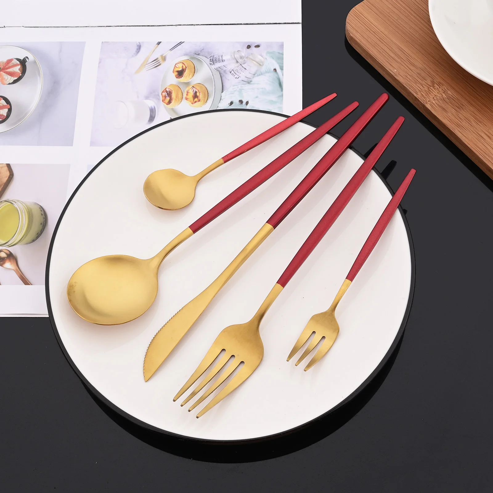 5Pcs Red Gold Matte Cutlery Set Stainless Steel Dinnerware S
