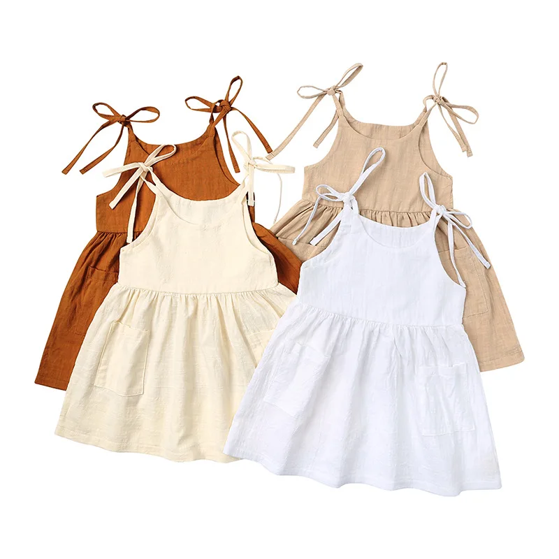 

Children's Clothing Girls Summer Solid Color Cotton Linen 2 Side Pocket Sling Dress Lace Up Children's Sling Dress girls dress