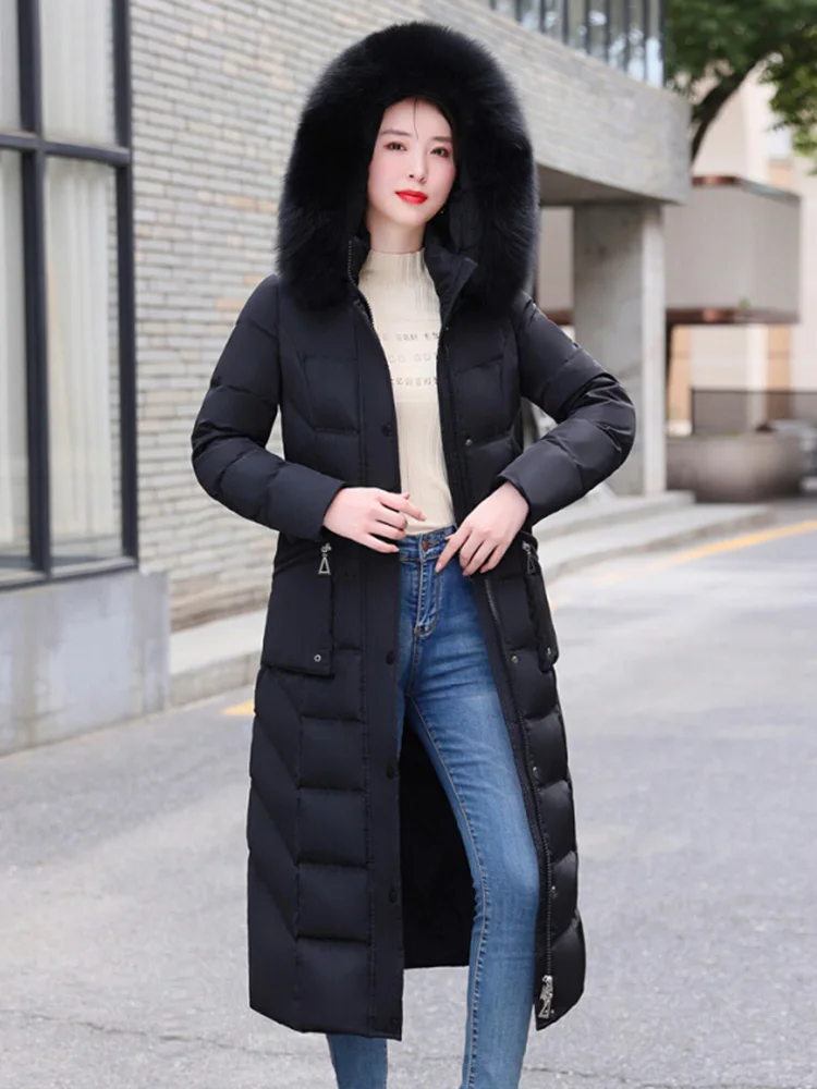 New Women Winter Down Coat Fashion Detachable Real Fox Fur Collar Thicken Slim Long Down Jacket White Duck Down Hooded Overcoat