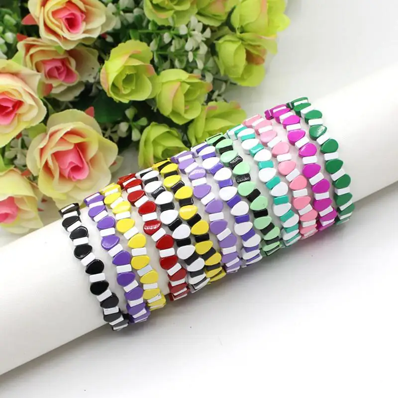 

Original Design Fashion Droplet Rectangle Enamel Rainbow Bracelet Bohemian Macaron Colorblock Lacquer Charm Stretch Bracelet