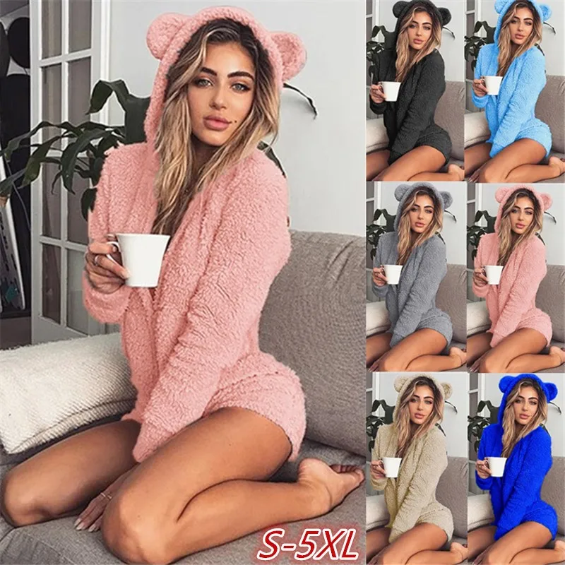 

2023 Autumn Keep Warm Velvet Women Rompers Long Sleeve Bodysuit Cute Bear Ears Hoodie Casual Winter Long Sleeve Siamese Shorts