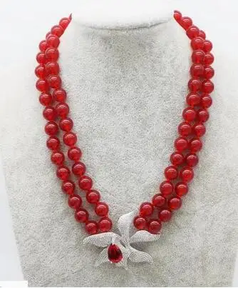 

2rows red round 8mm bead &zircon flower necklace 17-18" wholesale beads