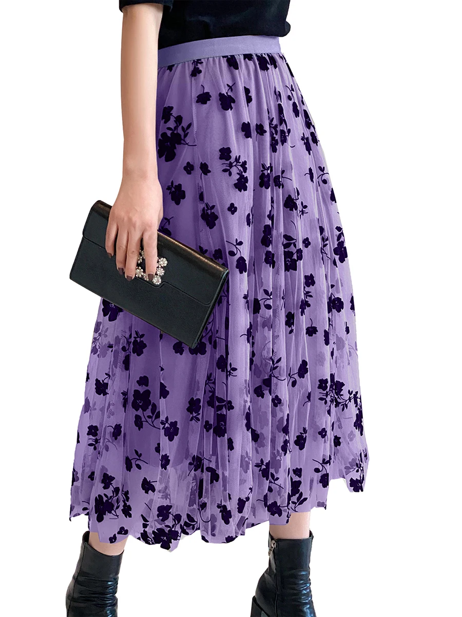 Women’s Tulle Long Skirt Vintage High Waist Flocked Floral Print Midi A-line