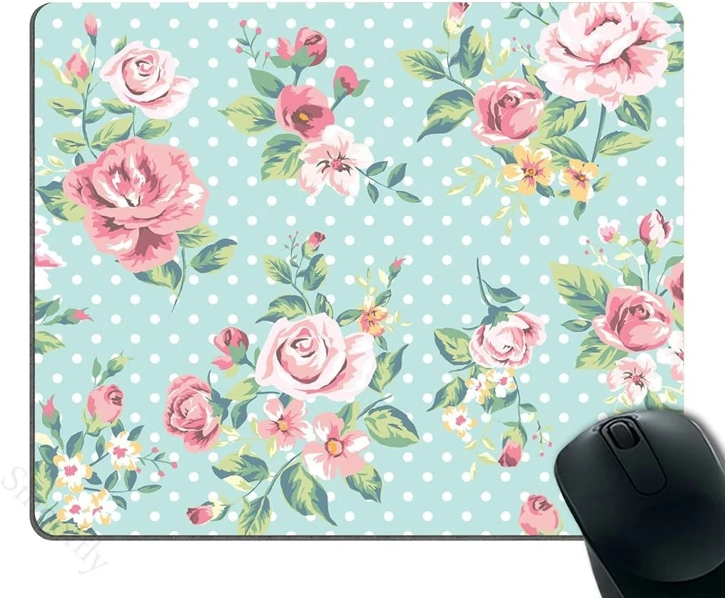 

Gaming Mouse Pad Blue Vintage Floral Design Seamless Pink Rose Flowers and White Polka Dots Art Mouse Pad 9.5 X 7.9 in