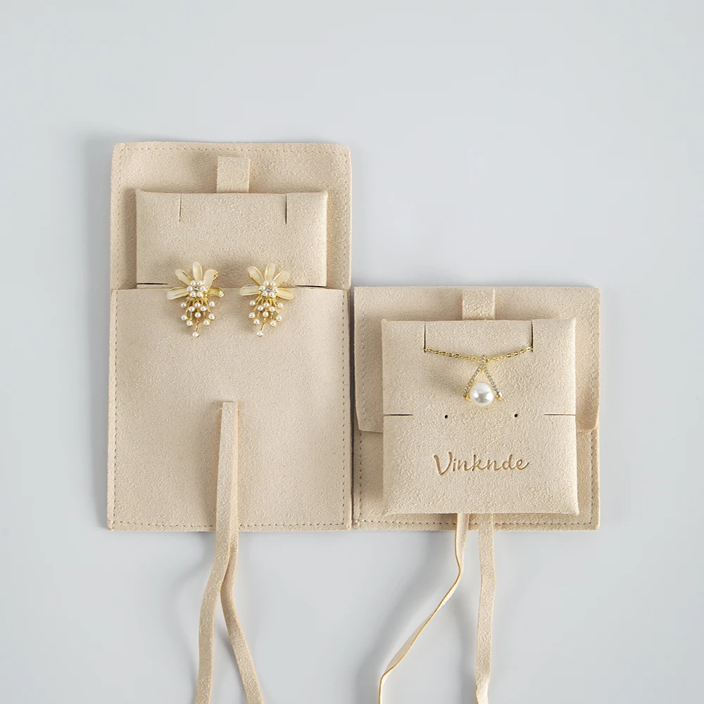 

Custom Logo Cream Jewelry Packaging Bag Pouches With Rope For Women Earring Rings Necklace Small Charms Package with Insert Card