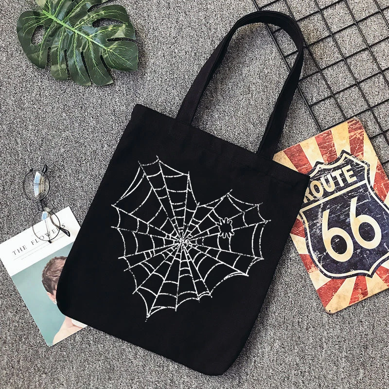 

New Spider Web Cartoon Print Bag Harajuku Japanese Anime Shoulder Bags Ulzzang Black Vintage Canvas Bag Kawaii Chic Shopper Bag