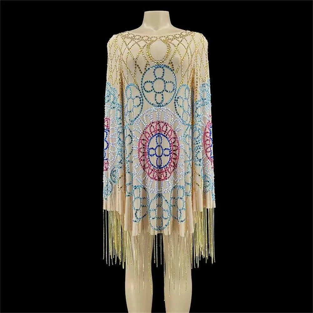 

Nude Shining Sparkly Rhinestones Tassel Sexy Dress For Women Evening Party Clothing Stage Singer Costumes Club Birthday Wears