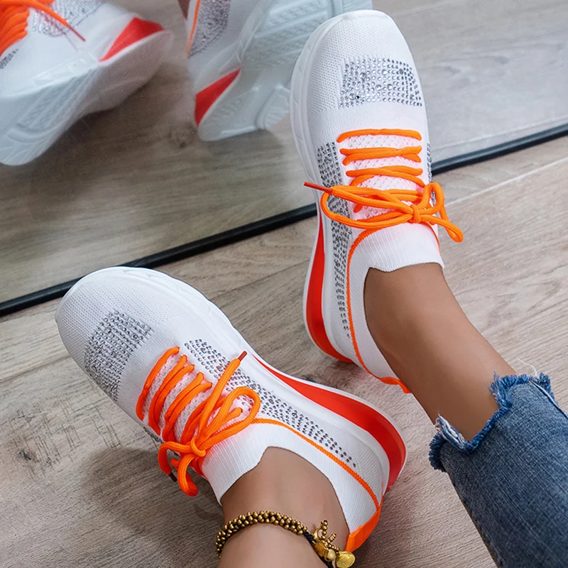 

Crystal Breathable Mesh Casual Shoes Women 2022 Summer Lace Up Platform Sneakers Woman Plus Size 43 Non-slip Sports Shoes
