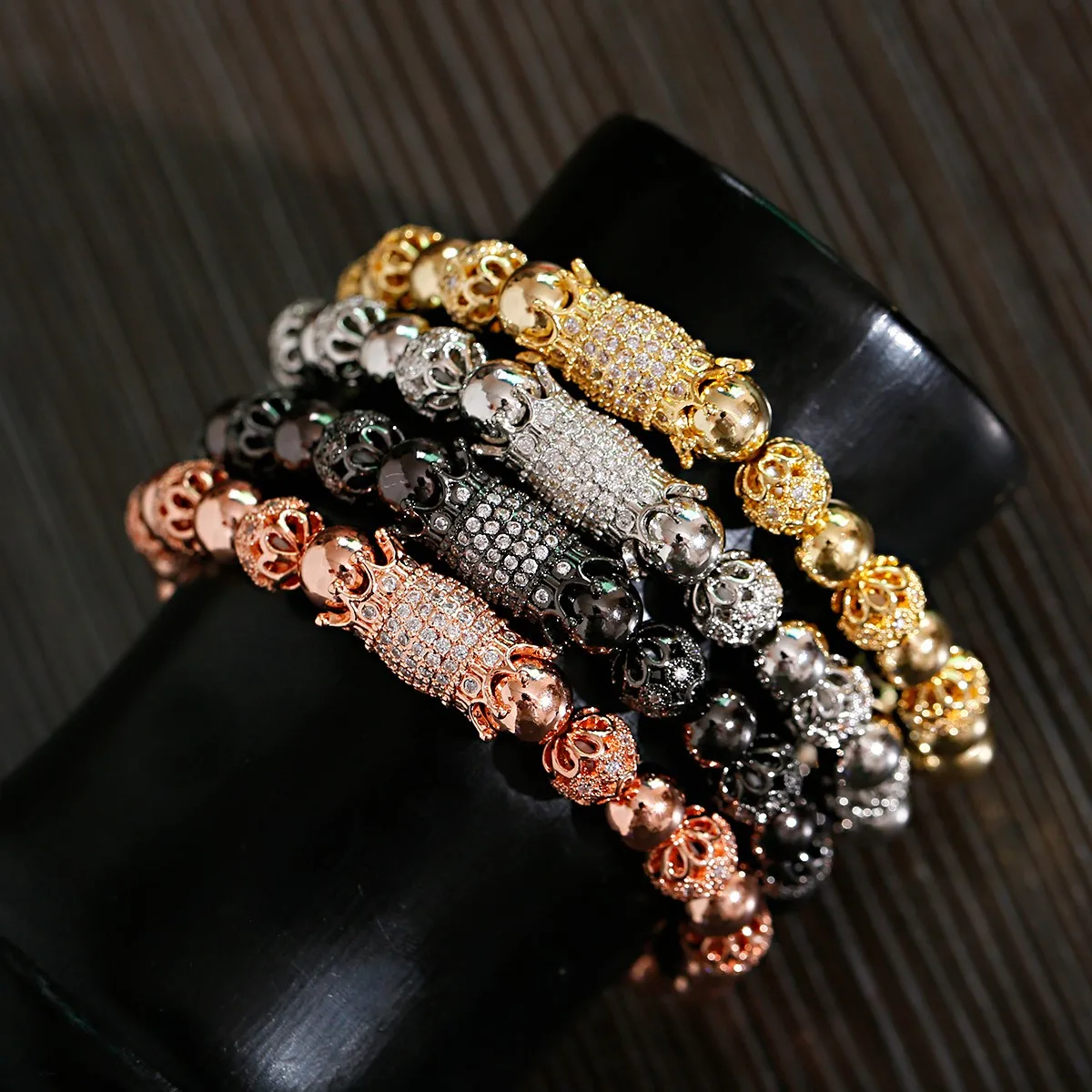 

8MM Gold Color Bronze Beads Crown Bracelet For Men Women Copper Beads Classic Metal Adjustable Handmade Chain Bangle