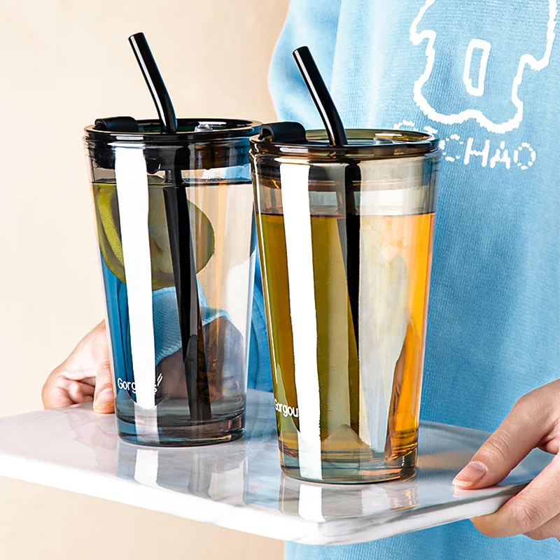 Aurora Glass Colorful Cup with Straw Coffee Milk Tea Cold Green Cup Milk Cup 450ml with Lid Double Drink Cup water bottle  유리공병