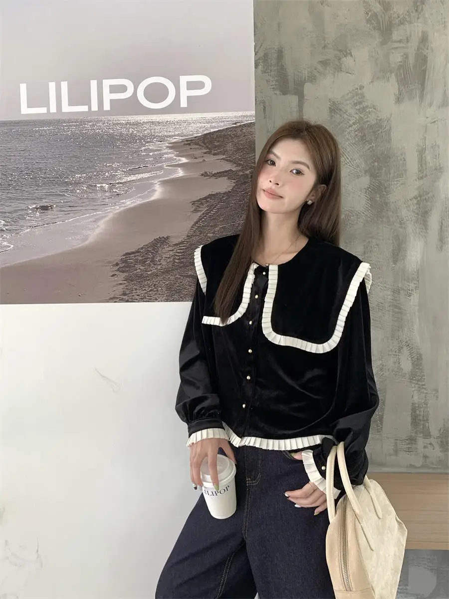 Черно-белые контрастные цвета темно-синие бархатные рубашки с лацканами женские