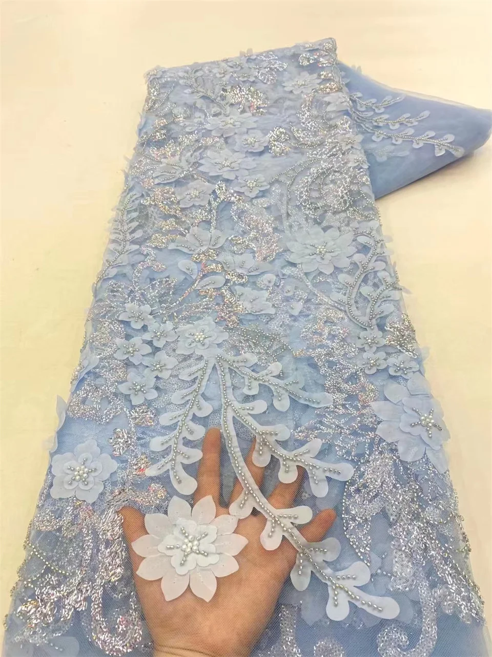 Оптовая продажа 2024 африканская 3D кружевная ткань из бисера роскошное свадебное