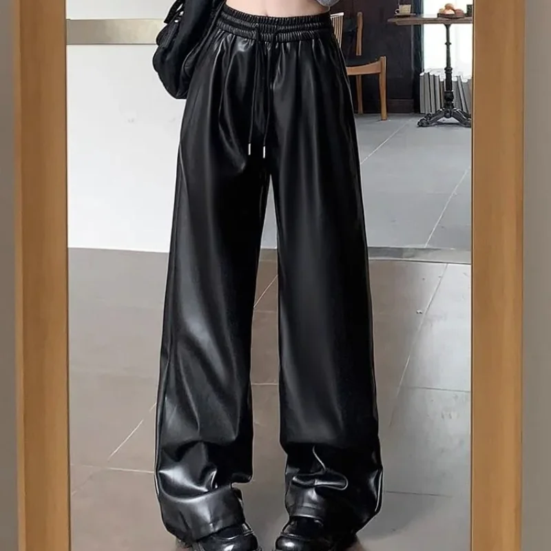 Брюки-Багги женские из ПУ кожи Свободные повседневные штаны в стиле Харадзюку