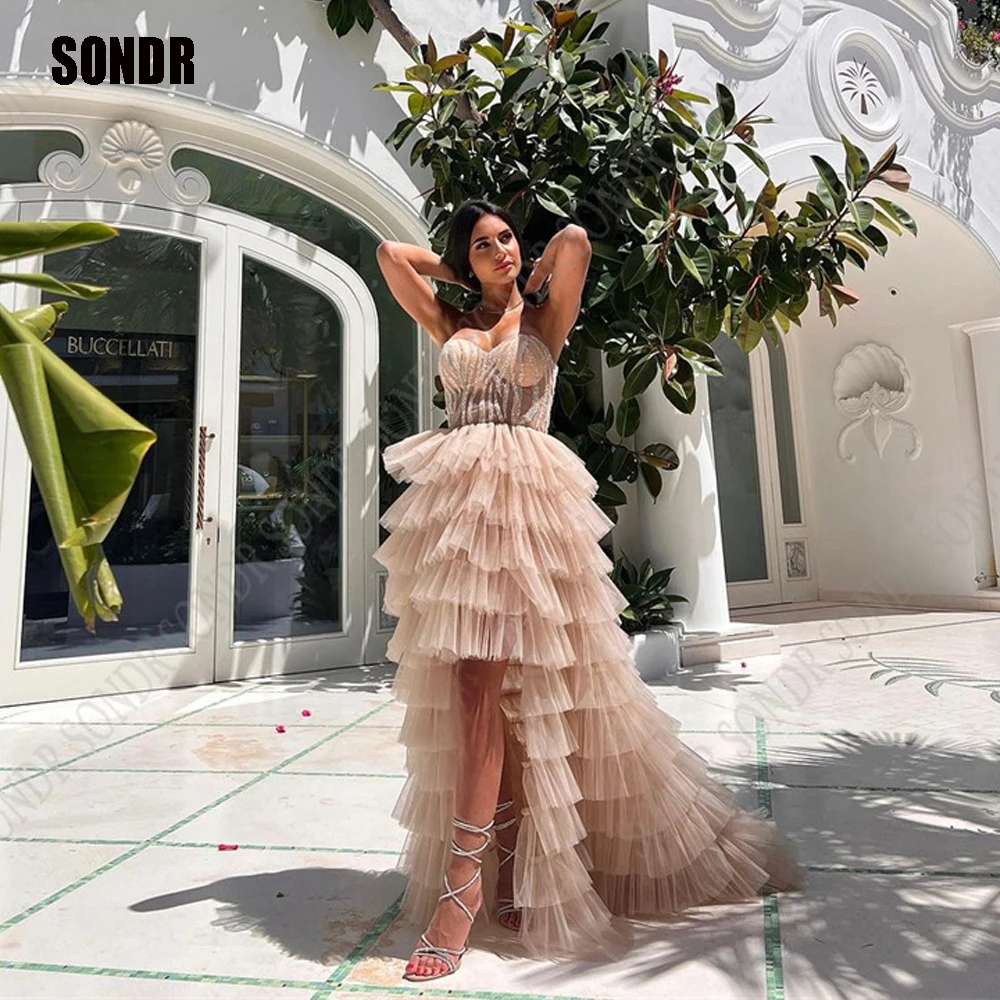 

SONDR Champagne Tulle Tiered Shiny Saudi Arabia Prom Dresses Vintage Beads Sequins Evening Dress Women Formal Party Gowns