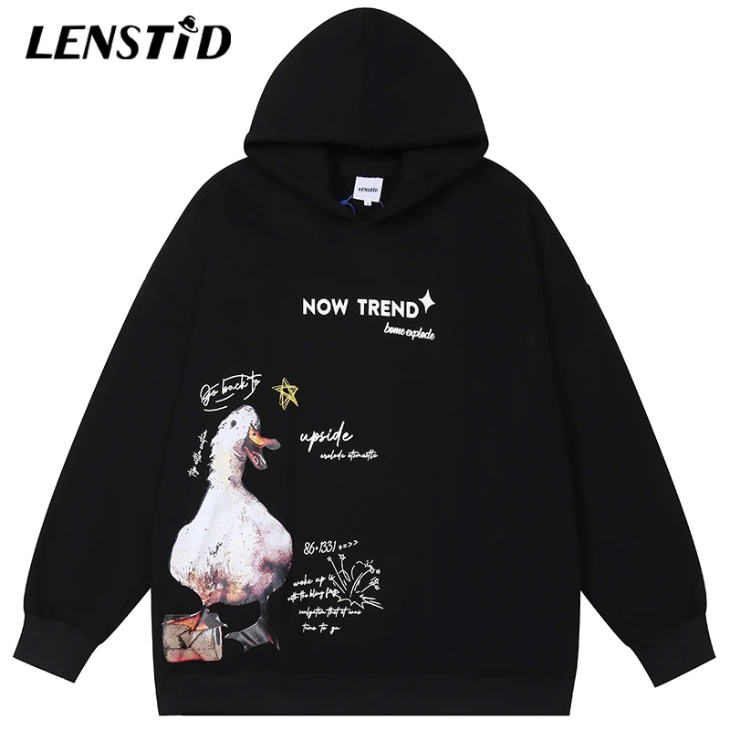 

LENSTID Winter Men Hip Hop Fleece Pullover Hoodies Duck Letter Printed 2022 Streetwear Harajuku Casual Cotton Hooded Sweatshirts