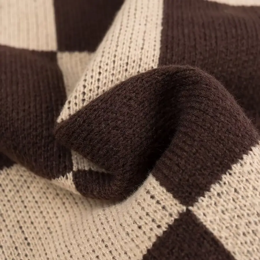 TRAFZA женский винтажный клетчатый свитер с круглым вырезом коричневый пуловер со