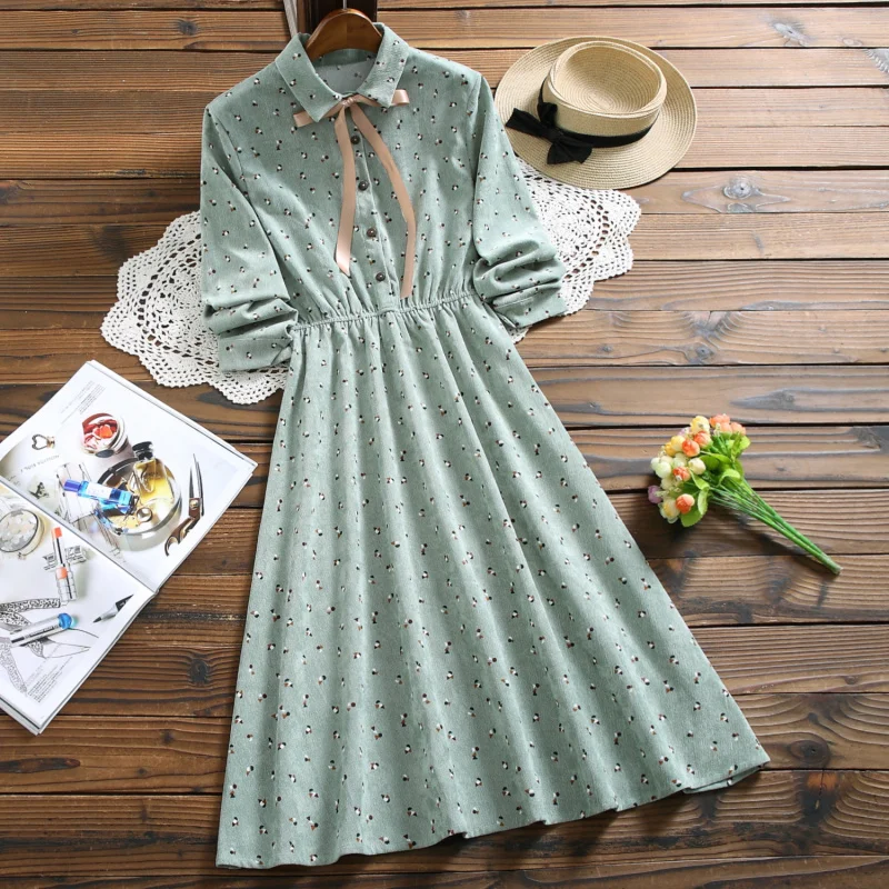 

4 Colors Women Corduroy Floral Midi Dress Spring Autumn 2022 Long Sleeve Boho Retro Elegant Party Casual Korean Runway Vestidos
