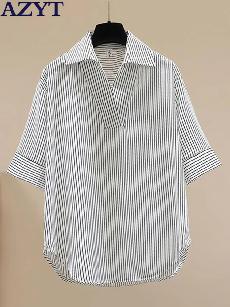 

AZYT Spring Summer Short Sleeve Women's Shirt 2022 Korean Fashion Stripe Blouses For Women All Match Loose Blusas Mujer Top