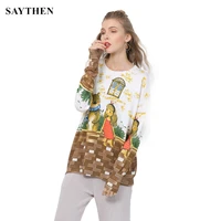 saythen large size sweater female cute bear girl fashion digital printing pullover loose sweater trendy