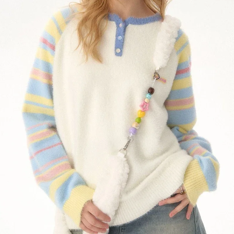 Dopamine sweater rainbow striped women's wind shoulder new long-sleeved lazy autumn and winter stitching top
