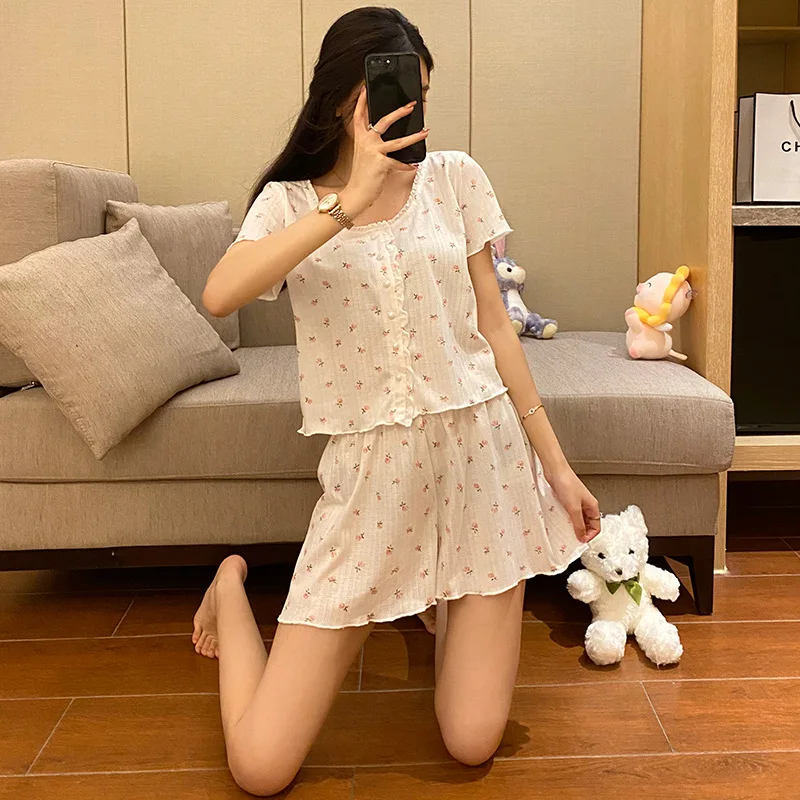 Pajamas Women's Summer Cotton Short-sleeved Shorts Thin Section Floral Pure Desire Wind Home Service Two-piece Suit