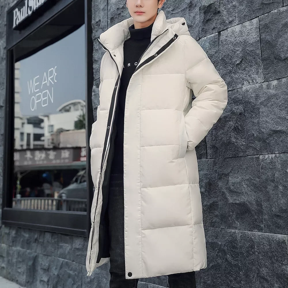 2022New Winter New Men's Long 90% White Duck Down Jacket Fashion Casual Thick and Warm Hooded Couple Coat Brand Beige Black