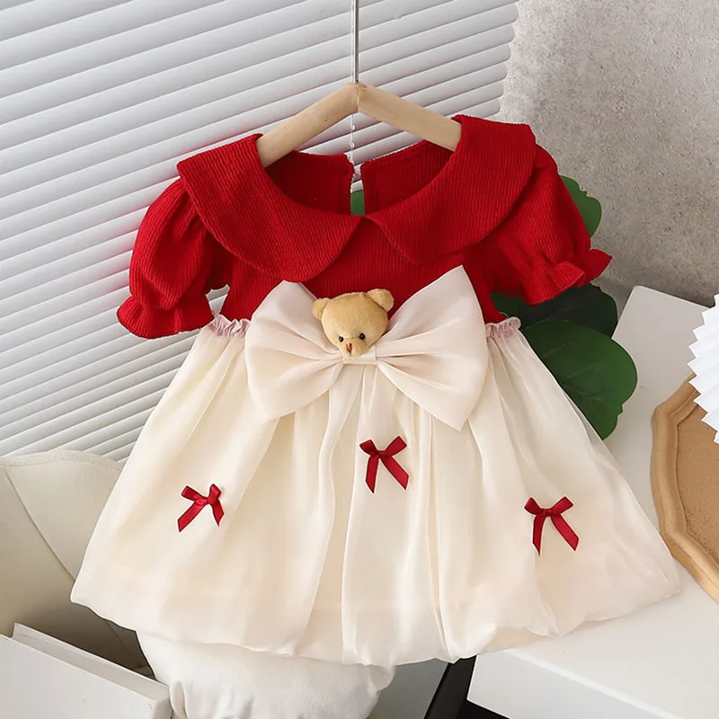 Vestido de verão para meninas, manga bufante, traje de aniversário, gola de boneca, vestido de princesa fofo, roupas de menina, arco, urso, saia infantil a1349