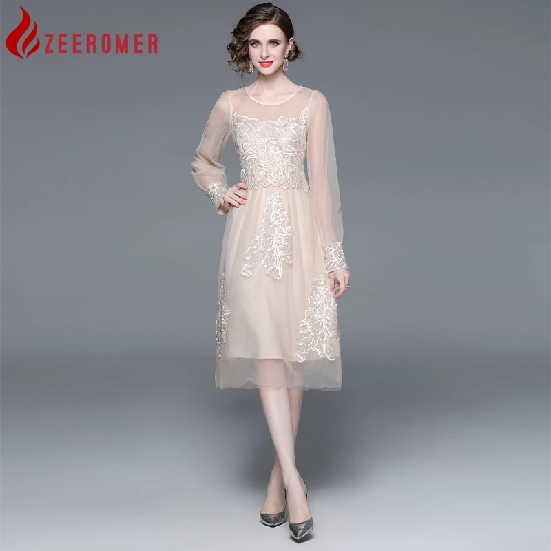 

ZEEROMER 2023, летнее французское роскошное элегантное Сетчатое платье миди с цветочной вышивкой, женское Тюлевое приталенное платье с круглым вырезом и длинным рукавом