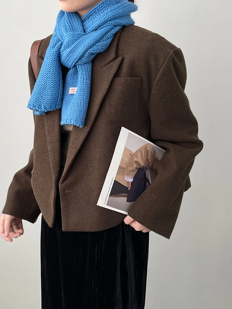 

Casual Woolen Coat Crop Tops Brown Khaki Women's Korean Wool Blazer
