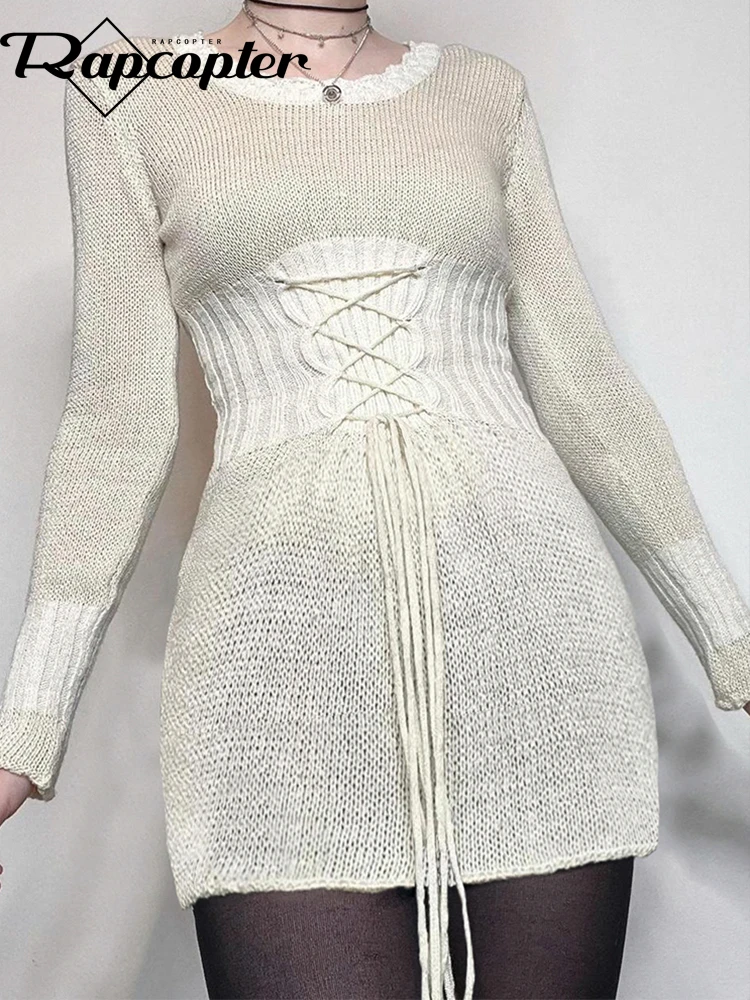 

Трикотажное мини-платье Rapcopter y2k с длинным рукавом, на шнуровке