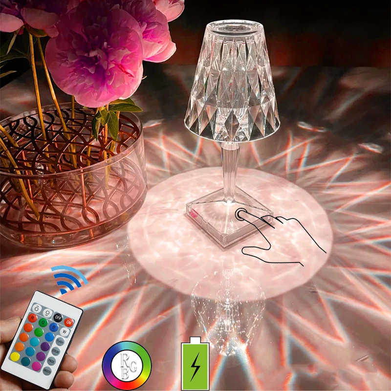 

3/16 Colors LED Crystal Table Lamp Rose Light Projector Touch Romantic Diamond Atmosphere Light USB LED Night Light for Bedroom