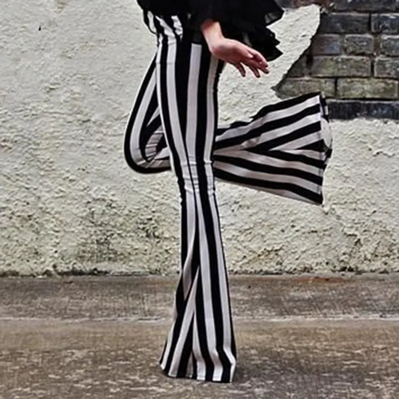 

Women Loose Trousers Elegant Black Vertical Striped High Waist Pocket Wide Leg Pants Women Bell Bottoms Flare Trousers