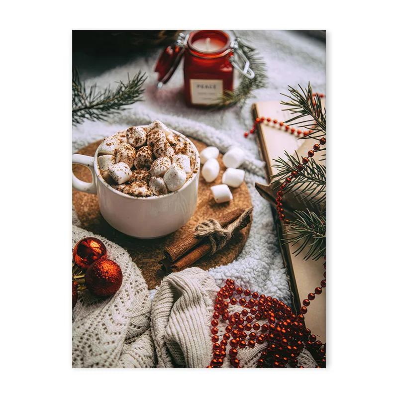 

Зимняя снежная сцена, постеры с принтом лося, Рождественский пряничный человечек, горячий напиток, настенная живопись на холсте для гостиной, праздничный декор