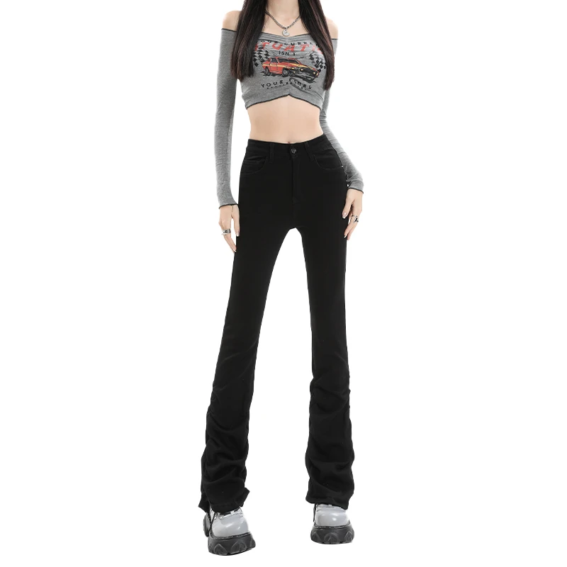 

Trendy Style Black Stacked Pants Women High Waist Straight Leg Y2K Flare Jeans